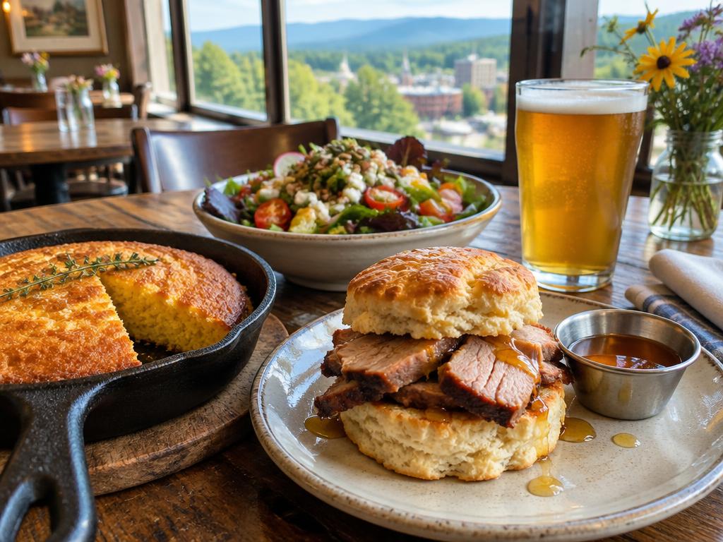 A farm-to-table spread of cornbread, a pulled pork biscuit, salad and craft beer in an Asheville restaurant
