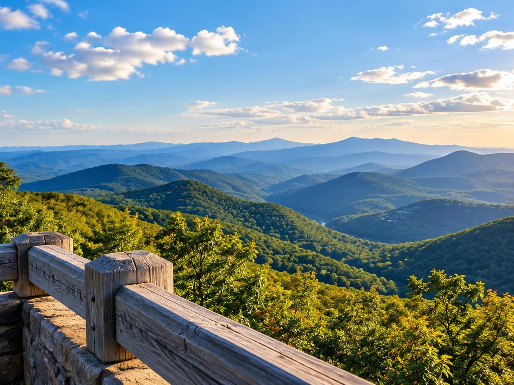 Layers of blue mountains from a Blue Ridge Parkway overlook near Asheville